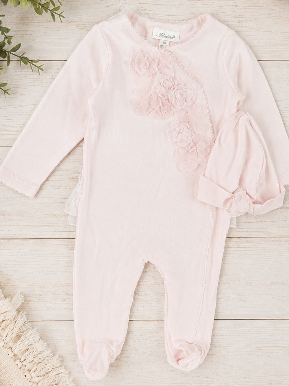 New Miniclasix Baby Girl Elegant Footed Coverall & Hat Set Tulle Floral Ruffles